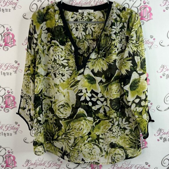 Quintessential blouse flowers Floral Green white black Top artsy button flowy - Picture 1 of 11
